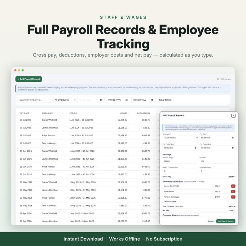 May include: A digital payroll management interface displaying a table of employee records with columns for pay date, employee name, period, gross pay, and deductions. A pop-up window titled Add Payroll Record shows fields for earnings and taxes.