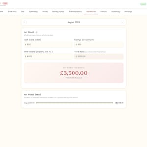 May include: A digital budget tracker interface titled Pay Yourself First displaying a Net Worth dashboard for August 2026. The screen shows input fields for cash, savings, investments, assets, and debt, with a calculated net worth of &pound;3,500.00.