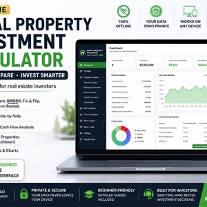 May include: A digital rental property investment calculator displayed on a laptop and smartphone screen. The interface features a dashboard with financial metrics, charts, and property analysis tools. Text includes ALL-IN-ONE RENTAL PROPERTY INVESTMENT CALCULATOR and ANALYZE, COMPARE, INVEST SMARTER.