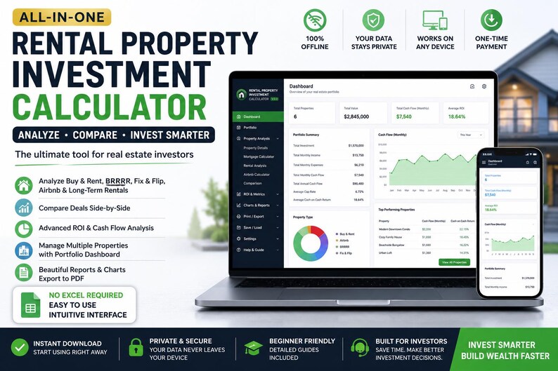 May include: A digital rental property investment calculator displayed on a laptop and smartphone screen. The interface features a dashboard with financial metrics, charts, and property analysis tools. Text includes ALL-IN-ONE RENTAL PROPERTY INVESTMENT CALCULATOR and ANALYZE, COMPARE, INVEST SMARTER.