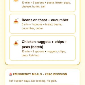 May include: A digital interface titled PlannerToolLab ADHD Kitchen Pro featuring a menu for meal planning with sections for spoon-based energy management, emergency meals, dopamine-focused tasks, pantry inventory, and a grocery list with checkboxes.