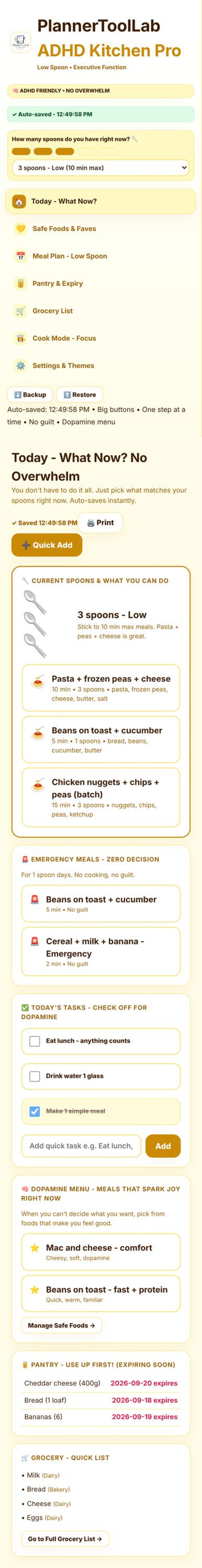 May include: A digital interface titled PlannerToolLab ADHD Kitchen Pro featuring a menu for meal planning with sections for spoon-based energy management, emergency meals, dopamine-focused tasks, pantry inventory, and a grocery list with checkboxes.