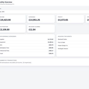 May include: A digital dashboard titled Small Business Bookkeeping Pro displaying a monthly overview for July 2025. The interface features white data cards for income, expenses, profit, profit margin, tax position, and mileage, alongside expense categories and invoice lists.