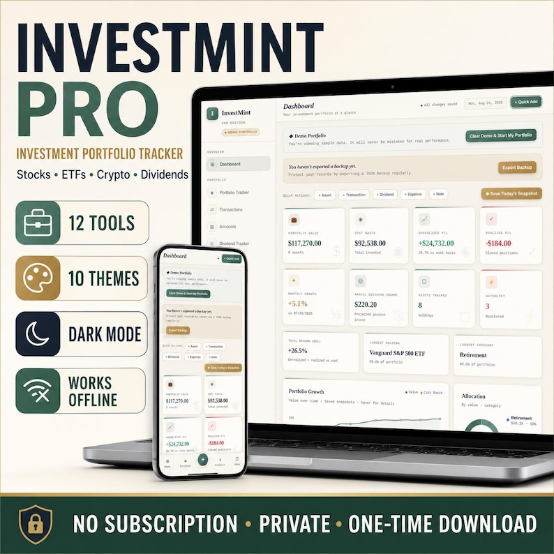 May include: InvestMint Pro investment portfolio tracker software displayed on a laptop and smartphone. Features include 12 tools, 10 themes, dark mode, and offline functionality. The interface shows financial data, stocks, ETFs, crypto, and dividends.