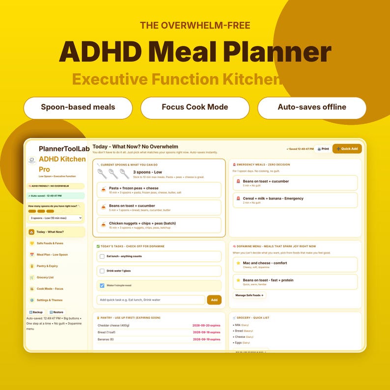 May include: A digital ADHD meal planner interface titled PlannerToolLab ADHD Kitchen Pro. The screen displays sections for spoon-based meals, emergency meals, dopamine menus, pantry inventory, and grocery lists on a yellow background.