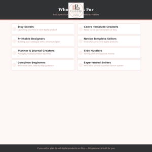 May include: A digital graphic titled Who Is This For featuring the Planner Toolkit logo and a list of target audiences including Etsy Sellers, Canva Template Creators, Printable Designers, Notion Template Sellers, Planner & Journal Creators, Side Hustlers, Complete Beginners, and Experienced Sellers.
