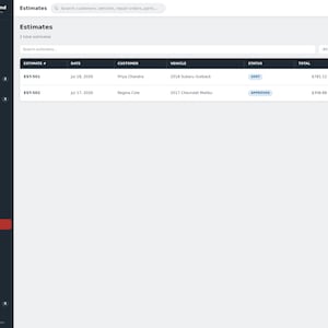 May include: A digital dashboard interface titled Garage Command displaying an Estimates page. The table lists estimate numbers EST-501 and EST-502, dates, customer names Priya Chandra and Regina Cole, vehicle models, status labels Sent and Approved, and totals.