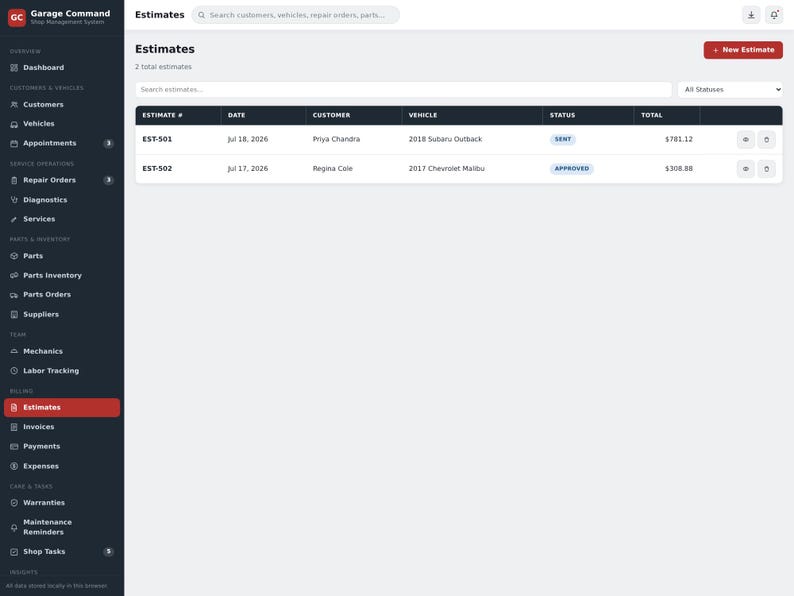 May include: A digital dashboard interface titled Garage Command displaying an Estimates page. The table lists estimate numbers EST-501 and EST-502, dates, customer names Priya Chandra and Regina Cole, vehicle models, status labels Sent and Approved, and totals.