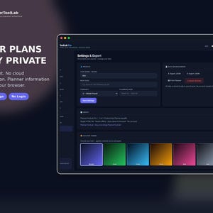 May include: A dark-themed software interface titled PlannerToolLab Pro showing a Settings & Export menu. The screen displays profile fields, data management options, and a color theme selector with various gradients on a deep charcoal background.