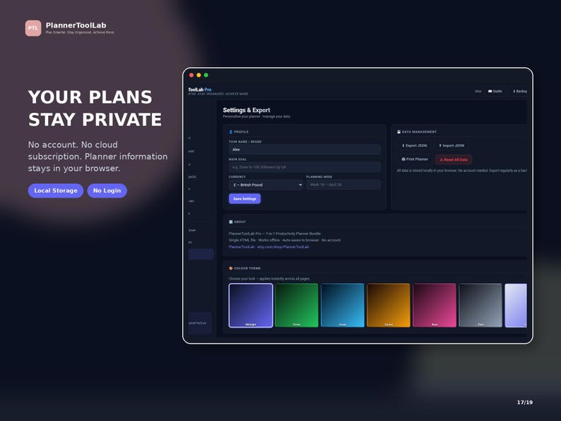 May include: A dark-themed software interface titled PlannerToolLab Pro showing a Settings & Export menu. The screen displays profile fields, data management options, and a color theme selector with various gradients on a deep charcoal background.