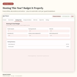 May include: A digital budget planner interface titled Hosting & Food, featuring input fields for guests, food, drinks, decorations, and extras. The screen displays a hosting summary with a total cost of 277.00 and a cost per guest of 34.63 in GBP.
