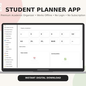 May include: A digital student planner app interface displayed on a laptop screen. The dashboard features a sidebar with academic categories, a central area with numerical data fields, and sections for today's schedule and upcoming deadlines.