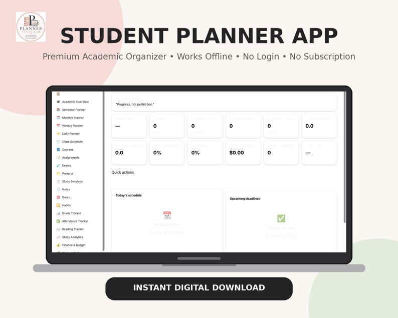 May include: A digital student planner app interface displayed on a laptop screen. The dashboard features a sidebar with academic categories, a central area with numerical data fields, and sections for today's schedule and upcoming deadlines.