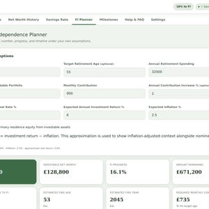 May include: A digital Net Worth & FI Tracker interface displaying a Financial Independence Planner. The screen features input fields for age, retirement goals, and investment assumptions, alongside summary cards showing FI number, progress, and timeline.