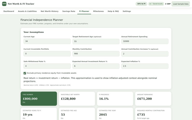 May include: A digital Net Worth & FI Tracker interface displaying a Financial Independence Planner. The screen features input fields for age, retirement goals, and investment assumptions, alongside summary cards showing FI number, progress, and timeline.