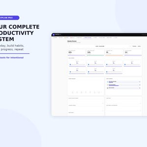 K&ouml;nnte beinhalten: Ein digitales Produktivit&auml;ts-Dashboard mit dem Titel DailyPlan Pro, das ein Weekly Review-Layout mit Fortschrittsbalken, Aufgabenverfolgungsmodulen und Datenvisualisierungsdiagrammen auf wei&szlig;em Hintergrund zeigt.