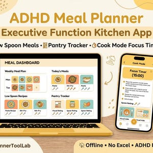 ADHD Meal Planner App | Executive Function Kitchen Tool | Low Spoon Meal Plan | Pantry Tracker & Cook Mode Focus Timer | Offline HTML