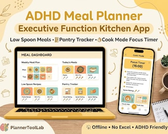 ADHD Meal Planner App | Executive Function Kitchen Tool | Low Spoon Meal Plan | Pantry Tracker & Cook Mode Focus Timer | Offline HTML