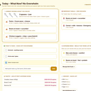 May include: A digital dashboard titled ADHD Kitchen Pro by PlannerToolLab. The interface features sections for current energy levels, meal ideas, daily tasks, emergency meals, a dopamine menu, pantry inventory with expiration dates, and a grocery list.
