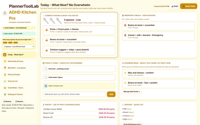 May include: A digital dashboard titled ADHD Kitchen Pro by PlannerToolLab. The interface features sections for current energy levels, meal ideas, daily tasks, emergency meals, a dopamine menu, pantry inventory with expiration dates, and a grocery list.