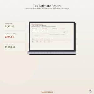 May include: A digital Tax Estimate Report interface displaying financial data including Taxable Profit of &pound;1,923.18, Tax Set-Aside of &pound;384.64, and Profit After Tax of &pound;1,538.54. The screen shows a line graph titled The year at a glance with monthly data.