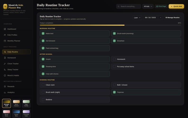May include: A digital daily routine tracker interface with a dark theme and gold accents. The screen displays a checklist for morning, after school, and evening tasks for a child named Liam, featuring checkboxes, a progress bar, and navigation menu.