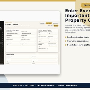 May include: A digital rental property investment calculator interface featuring sections for property purchase inputs, monthly operating inputs, and property details. The text reads: Easy Inputs, Enter Every Important Property Cost, and No Excel, No Login, No Subscription, Instant Download.