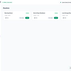 May include: A digital interface titled ADHD Second Brain featuring a sidebar menu with options like Today, Brain Dump, and Routines. The main area displays three routine cards: Morning Reset, End of Day Shutdown, and Low Energy Recovery.