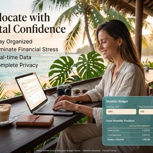 May include: A digital budget planner interface displayed on a laptop screen, featuring text that reads Relocate with Total Confidence, Stay Organized, Eliminate Financial Stress, Real-time Data, and Complete Privacy, alongside a monthly budget table.