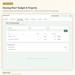 May include: A digital Iftar and hosting budget planner interface featuring a table to log event dates, guest counts, and costs. The screen displays fields for event details, a hosting summary section, and navigation tabs for tracking expenses.