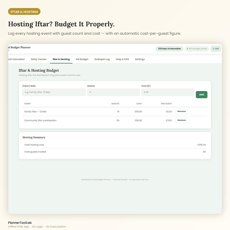 May include: A digital Iftar and hosting budget planner interface featuring a table to log event dates, guest counts, and costs. The screen displays fields for event details, a hosting summary section, and navigation tabs for tracking expenses.