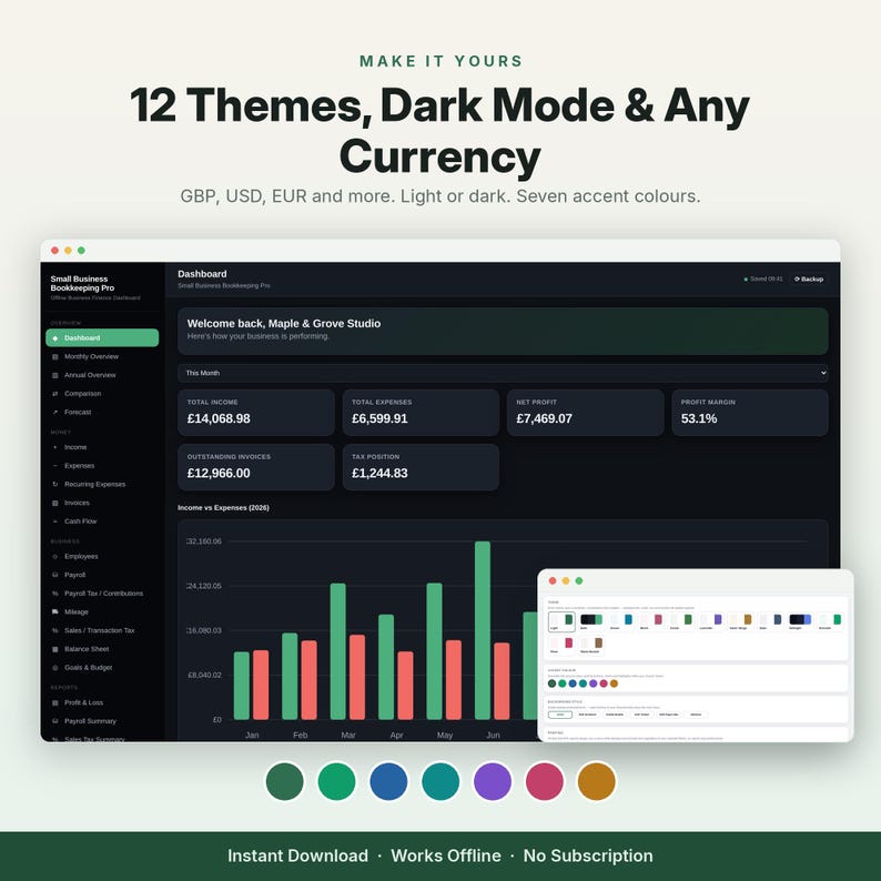 May include: A digital bookkeeping dashboard interface featuring dark mode, 12 themes, and multi-currency support. The screen displays financial metrics like income, expenses, and profit margins with a bar chart, alongside a settings menu for customization.