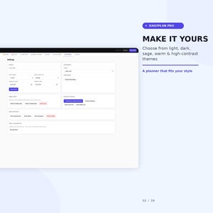 K&ouml;nnte beinhalten: Eine digitale Benutzeroberfl&auml;che f&uuml;r DailyPlan Pro mit einem Einstellungsmen&uuml; f&uuml;r Profil, Design und Datenverwaltung. Der Text umfasst MAKE IT YOURS, Choose from light, dark, sage, warm & high-contrast themes und A planner that fits your style.