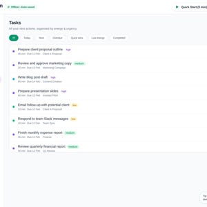 May include: A digital task management interface titled ADHD Second Brain. The screen displays a list of tasks with priority levels, due dates, and status buttons. A sidebar on the left shows navigation options including Today, Brain Dump, and Projects.
