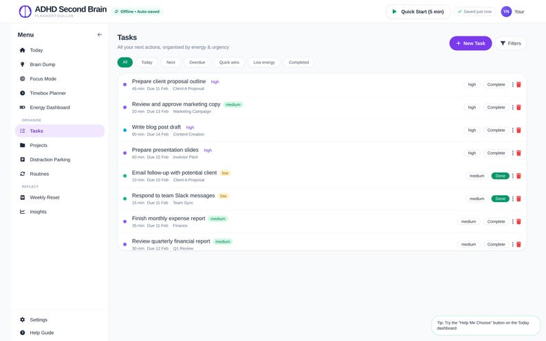 May include: A digital task management interface titled ADHD Second Brain. The screen displays a list of tasks with priority levels, due dates, and status buttons. A sidebar on the left shows navigation options including Today, Brain Dump, and Projects.