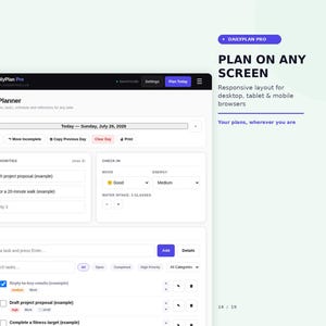 K&ouml;nnte beinhalten: Eine digitale Tagesplaner-Oberfl&auml;che namens DailyPlan Pro mit Bereichen f&uuml;r Priorit&auml;ten, Stimmung, Energie, Wasseraufnahme und Aufgabenverwaltung. Der Bildschirm zeigt Text wie Plan on any screen, responsive layout und das Datum Sonntag, 26. Juli 2026.