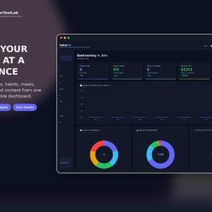 May include: A digital dashboard interface titled PlannerToolLab Pro featuring a dark theme with a productivity overview. It displays metrics for tasks, habits, meals, budget, and content, including a line graph, two donut charts, and text labels.