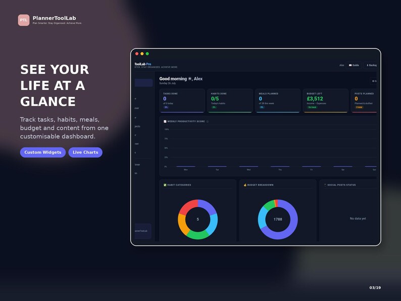 May include: A digital dashboard interface titled PlannerToolLab Pro featuring a dark theme with a productivity overview. It displays metrics for tasks, habits, meals, budget, and content, including a line graph, two donut charts, and text labels.