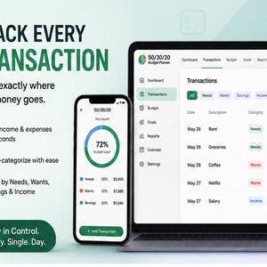 May include: A 50/30/20 budget planner interface displayed on a laptop screen and a smartphone. The screen shows transaction lists, categories for needs, wants, savings, and income, and a circular chart indicating 72% budget used. Text includes TRACK EVERY TRANSACTION and Stay in Control. Every. Single. Day.