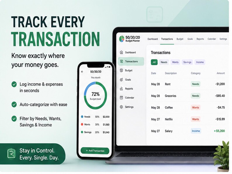May include: A 50/30/20 budget planner interface displayed on a laptop screen and a smartphone. The screen shows transaction lists, categories for needs, wants, savings, and income, and a circular chart indicating 72% budget used. Text includes TRACK EVERY TRANSACTION and Stay in Control. Every. Single. Day.