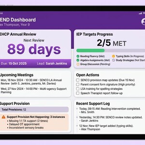 May include: A digital tablet screen displaying a purple and white SEND Dashboard interface for Alex Thompson, Year 9. The dashboard includes sections for EHCP Annual Review, IEP Targets Progress, Upcoming Meetings, Open Actions, Support Provision, and a Recent Support Log with detailed text entries.
