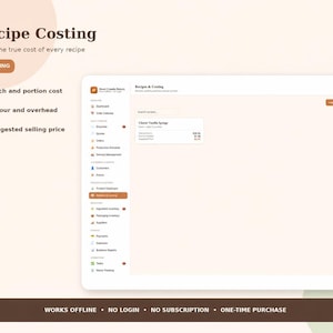May include: A digital interface for recipe costing software displayed on a screen. The layout includes a sidebar with navigation icons, a main dashboard area showing a Classic Vanilla Sponge recipe, and text headers including Recipe Costing.