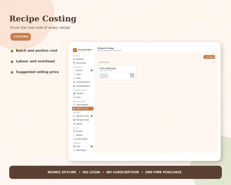 May include: A digital interface for recipe costing software displayed on a screen. The layout includes a sidebar with navigation icons, a main dashboard area showing a Classic Vanilla Sponge recipe, and text headers including Recipe Costing.