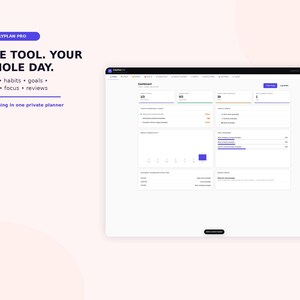 K&ouml;nnte beinhalten: Eine digitale Dashboard-Oberfl&auml;che namens DailyPlan Pro mit Bereichen f&uuml;r Aufgaben, Gewohnheiten, Ziele, Notizen, Fokus und Bewertungen. Der Text lautet: ONE TOOL. YOUR WHOLE DAY. Tasks, habits, goals, notes, focus, reviews. Everything in one private planner.