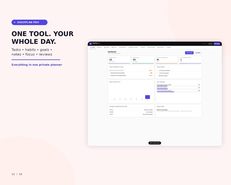 K&ouml;nnte beinhalten: Eine digitale Dashboard-Oberfl&auml;che namens DailyPlan Pro mit Bereichen f&uuml;r Aufgaben, Gewohnheiten, Ziele, Notizen, Fokus und Bewertungen. Der Text lautet: ONE TOOL. YOUR WHOLE DAY. Tasks, habits, goals, notes, focus, reviews. Everything in one private planner.