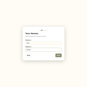 May include: A digital form interface titled Your Names with the subtitle What should we call each of you? It features two input fields labeled Partner 1 and Partner 2, currently filled with the names Alex and Jordan, plus Back and Next buttons.