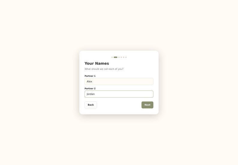 May include: A digital form interface titled Your Names with the subtitle What should we call each of you? It features two input fields labeled Partner 1 and Partner 2, currently filled with the names Alex and Jordan, plus Back and Next buttons.