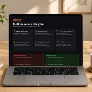 May include: A laptop screen displaying a business tracker interface with the text Built for sellers like you. The dashboard features sections for digital, handmade, print-on-demand, physical, and vintage sellers, plus a comparison of profit tracking.