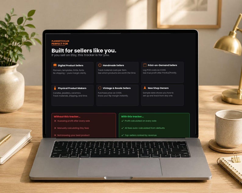 May include: A laptop screen displaying a business tracker interface with the text Built for sellers like you. The dashboard features sections for digital, handmade, print-on-demand, physical, and vintage sellers, plus a comparison of profit tracking.