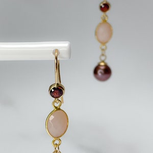 Sterling Silver Gold Filled Garnet Gemstone Earrings with Gold Vermeil Pink Opal and Bronze Pearl